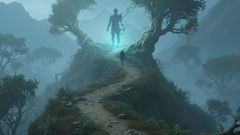 Ein nebliger Bergpfad, auf dem eine schemenhafte Silhouette der Madremonte zu sehen ist, die einen verlorenen Reisenden nach Hause führt.