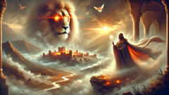 Emperor Fasilides dreaming of a stone city with a lion beside him in misty highlands.