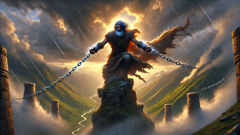 Amirani chained to a mountain peak as an iron-taloned eagle descends in a storm