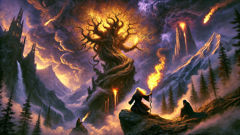 Amirani seizing fire from a mystical tree as gods appear in a stormy sky