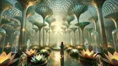 Eliza no coração da Cidade de Vidro, cercada por torres iluminadas e flores de cristal.
