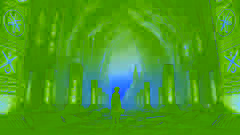 Une entrée de grotte spectaculaire flanquée de piliers de pierre luminescents, tandis qu'un garçon se tient devant, tenant une carte et un talisman.
