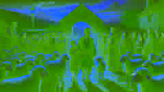 El pastorcito regresa al pueblo al atardecer, guiando a las ovejas que quedan, mientras los aldeanos lo miran con decepción.
