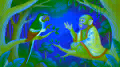Wise parrot speaking to the monkey on a tree branch.