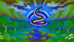 The Rainbow Serpent awakening and emerging from the earth, creating rivers and valleys in an ancient Australian landscape.