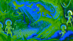 Itzamná, en forma de jaguar negro, liderando un levantamiento en la jungla contra los invasores bajo un dramático dosel dorado de luz solar.