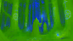 Elara guía al Sir Edmund a través de un bosque brumoso, donde los árboles están adornados con símbolos luminosos que sugieren peligros ocultos.