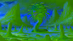 Medusa stands alone on a rocky island, surrounded by statues, looking sorrowful with serpent-like hair.