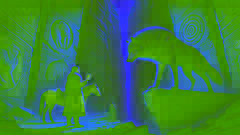 Turkyn se enfrenta a un imponente lobo de color plateado en un desfiladero adornado con antiguas inscripciones, mientras su caballo Karash espera inquieto.