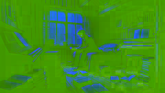 Der Anwalt sitzt in einer kleinen Hütte, liest ein Buch und ist umgeben von Bücherstapeln und einem Klavier.