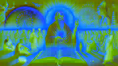 Un erudito sostiene el Bhagavad Gita, cuyas enseñanzas atraviesan culturas y épocas, simbolizando la iluminación universal.