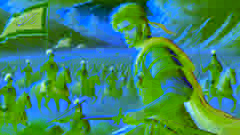 Sohrab, in traditional armor, faces the Persian army on a vast plain surrounded by mountains.