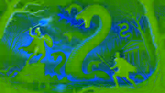 Heracles fights the Hydra with his club, while Iolaus holds a torch to cauterize wounds in Lerna's dark swamp.