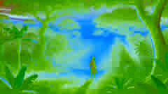 João steht allein in einer Lichtung des Dschungels in der Dämmerung, nachdem er den Saci befreit hat. Sanfte Winde wehen und das goldene Licht der Abendsonne durchbricht die Bäume.
