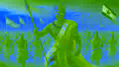 King Osei Tutu leads his army into battle with determination, spear in hand, against the enemy.
