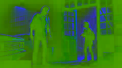Joel se encuentra con Ellie en un oscuro almacén empapado por la lluvia. Él sostiene un cuchillo, mientras ella se sostiene con una pistola.