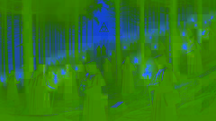 A group of Rosicrucians flee through a dark forest carrying ancient books, while torch-wielding inquisitors pursue them