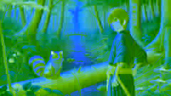 Hiroshi se encuentra frente a un árbol caído que bloquea un río, mientras el bake-danuki lo observa.