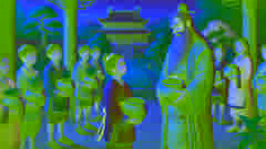 A young girl presents an empty pot to the Emperor, who smiles warmly, recognizing her honesty in the palace courtyard.
