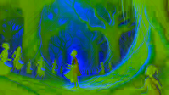 Olumide tocando su tambor en el brumoso Bosque de los Ecos, rodeado de tamborileros fantasmas.