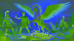 Perseus steht über der besiegten Medusa, während Pegasus aus ihrem Blut emporsteigt, mit weit ausgebreiteten Flügeln im Sonnenlicht.