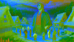 Un Hiroshi plus âgé se tient avec assurance dans le village, entouré des villageois, tandis que la forêt se dresse en arrière-plan.
