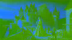 Mélusine, dressed in a regal gown, overseeing the construction of a grand castle in medieval France.