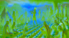 Kokopelli teaching villagers how to plant seeds, playing his flute as crops begin to sprout.