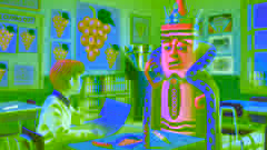 Duncan leyendo la carta del Lápiz Púrpura, rodeado de uvas y símbolos reales.