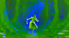 Uma jovem vestida com sapatos vermelhos dança descontroladamente em uma floresta, sua expressão revelando uma mistura de medo e alegria.