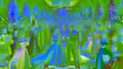 Célébration dans le grand hall avec Aurore, Philippe, le roi, la reine et les courtisans se réjouissant de la levée de la malédiction.