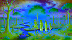 Djanggawul siblings walking through the barren land, life springing forth with trees and rivers