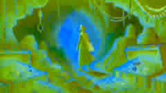 Ali Baba stands at the entrance of a hidden treasure-filled cave, glowing with golden light from the treasures inside.
