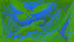 Tezcatlipoca as a jaguar races against Quetzalcoatl as an eagle in a rugged landscape under a stormy sky.