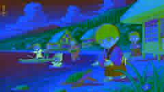 Urashima Taro rescatando a una pequeña tortuga de unos niños en una playa japonesa.