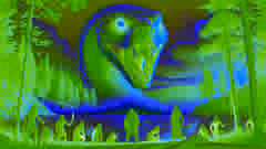 The Great Serpent rises from the lake, its towering figure looming over the warriors standing on the shore.