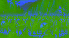Mapuche warriors in traditional clothing prepare for battle in a forest clearing with mountains in the background.