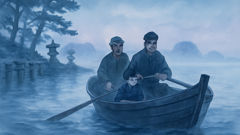 Fishing family sets out into Seto Inland Sea at dawn amid mist