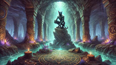 Ein mystischer Kobold in einer leuchtenden Kammer tief unter einer mittelalterlichen deutschen Mine.