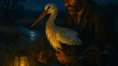 Niketas the farmer examines Leandros the stork and cranes by lantern light