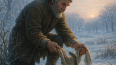 Greek farmer Philon carefully lifts a frozen viper from snowy ground with woolen scarf