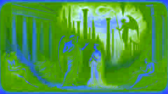 Sisyphus pleads passionately to Persephone at the gates of the underworld with a dark, ominous landscape in the background.