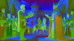 Halvor présente les objets volés au Roi dans la cour du palais, entouré de courtisans et de gardes.