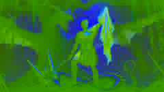 Jason tient la Toison d'Or sous la lumière de la lune, dans le bois sacré, tandis que le dragon dort à proximité.