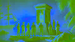 L'équipage se tient solennellement autour d'un monument qu'ils ont érigé en l'honneur du Capitaine Elara, tandis que le soleil se lève en arrière-plan.