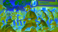 The Kelly Gang during the Euroa raid, capturing the tension and excitement as they hold the townspeople hostage.