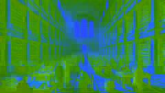Los eruditos que estudian los pergaminos en la gran Biblioteca de Alejandría, rodeados de imponentes estanterías y de luz solar.