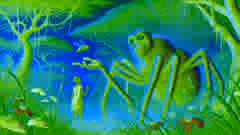 Anansi the spider gestures toward the curious fly in an African savannah forest setting.