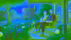 John and Madge sit peacefully on their porch in retirement, reflecting on their life in a calm, suburban setting.