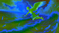 Daedalus sucht verzweifelt den Ozean ab, schwebt über dem Wasser, während Federn nach dem Fall Icarus' auf der Oberfläche treiben.